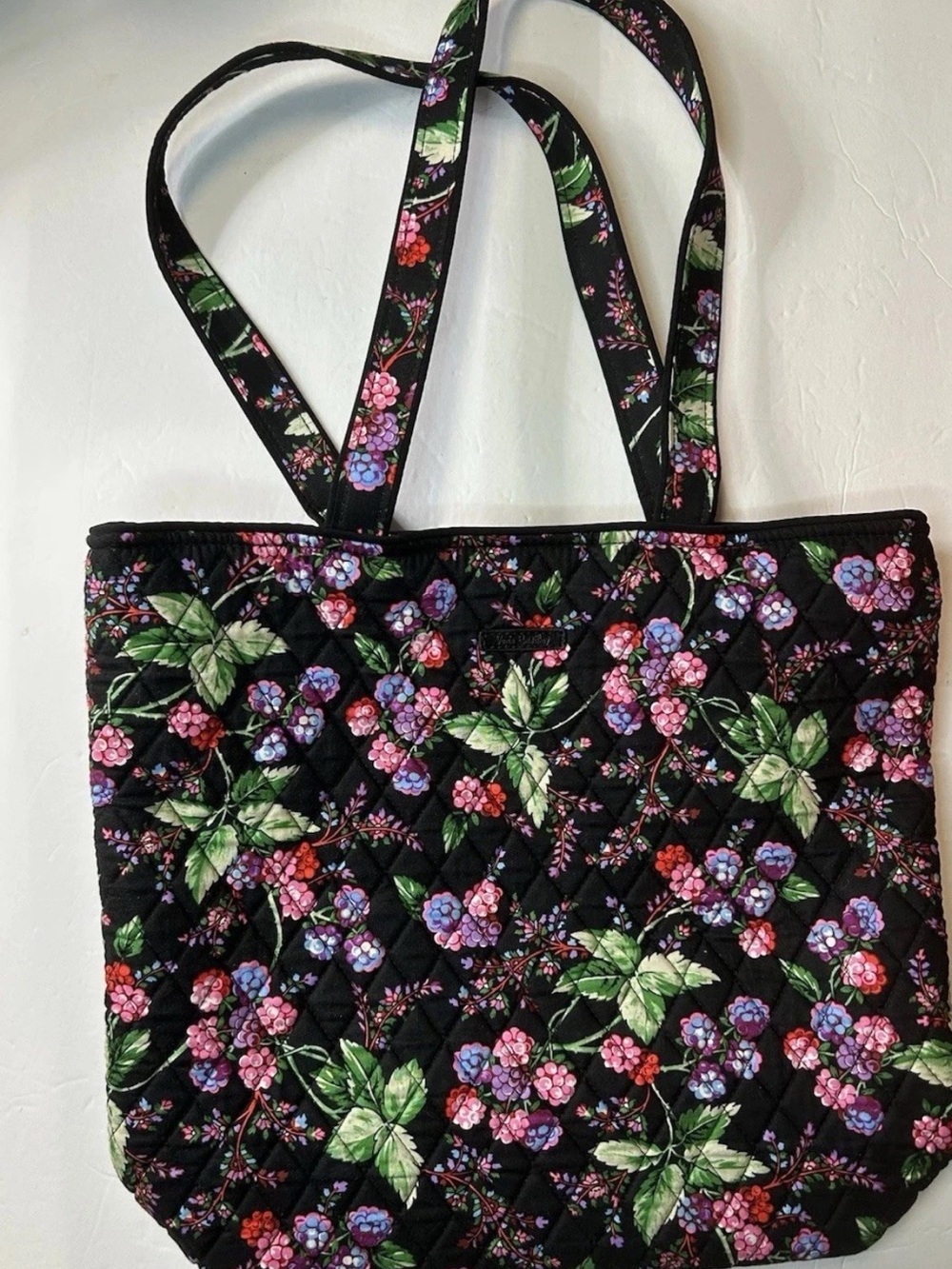 Vera Bradley Black Quilted Floral Tote with Pink & Purple Flowers
